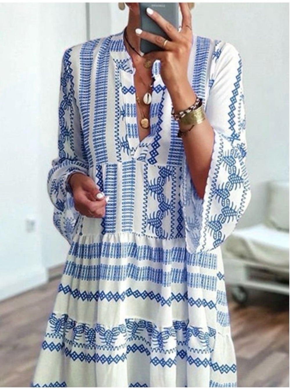 Blue & White Geometric Bohemian Dress